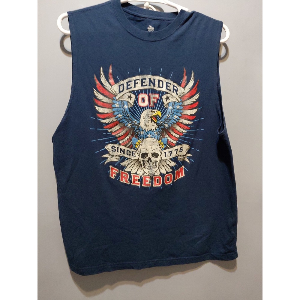 Celebrate Patriotic Men XL Blue Sleeveless Shirt Skull Eagle Defender Of Freedom
